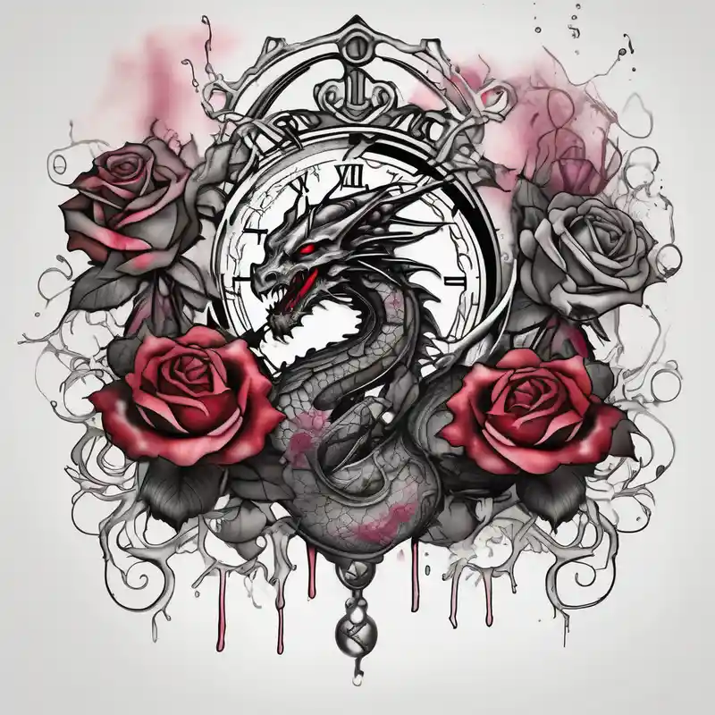 Dark cancer zodiac sign tattoo with dragon, clock and roses on background floral sleeve tattoo
